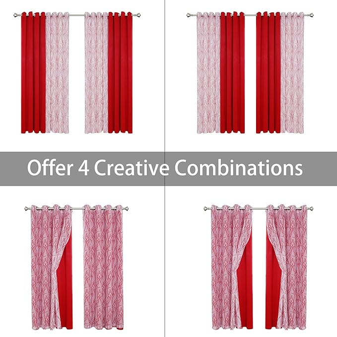 BONZER Mix and Match Curtains - 2 Pieces Branch Print Sheer Curtains and 2 Pieces Blackout Curtains for Bedroom Living Room Grommet Window Drapes, 54x63 Inch/Panel, Red, Set of 4 Panels