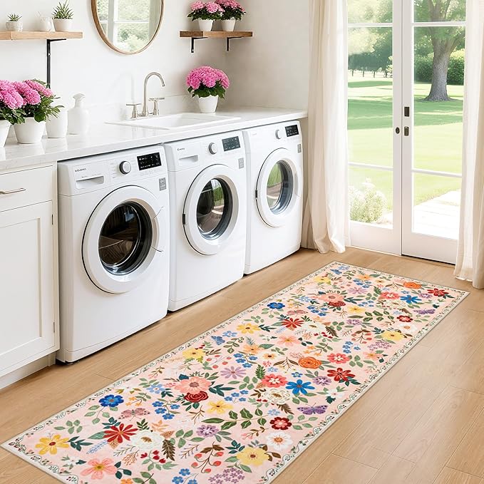Runner Rug for Entryway: 2x10 Kitchen Rugs Non Slip Washable Ultra-Thin Soft Floral Carpet Indoor Floor Stain Resistant Carpets for Hallway Bedroom Kitchen Laundry Bathroom Dorm Beige