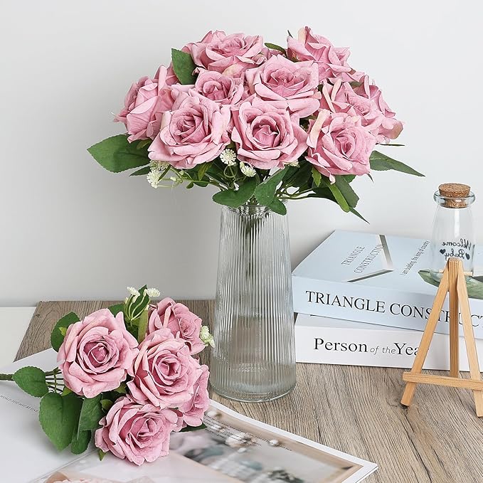 Artificial Roses Flower Dusty Rose Flowers - 8 Bundles Rose Bouquet Fake Silk Flowers Realistic Faux Florals Bulk for Wedding Bridal Party Baby Shower Arrangements Centerpieces Home Decorations