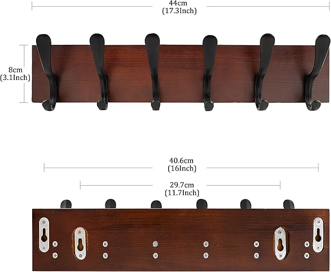 SKOLOO Coat Rack Wall Mount - Wooden Brown Wall Coat Hook, Wall Coat Hanger Rack with 6 Hooks for Hanging Coats, Hats, Clothing, Scarfs, Brown & Black