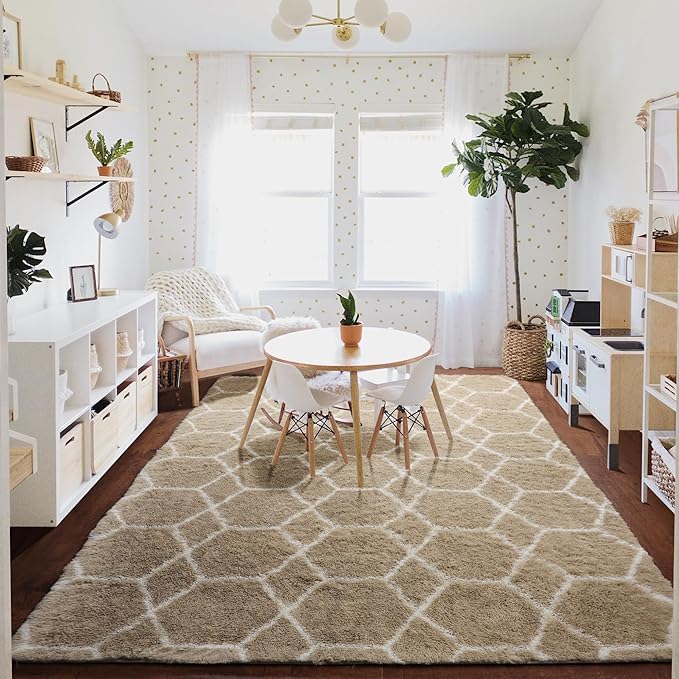 ONASAR Area Rugs for Bedroom Living Room, Washable 4x6 Fluffy Beige and White Throw Rug, Geometric Soft Shaggy Fuzzy Plush Indoor Floor Carpet for Kids Teen Nursery Dorm Office Home Decor Aesthetic