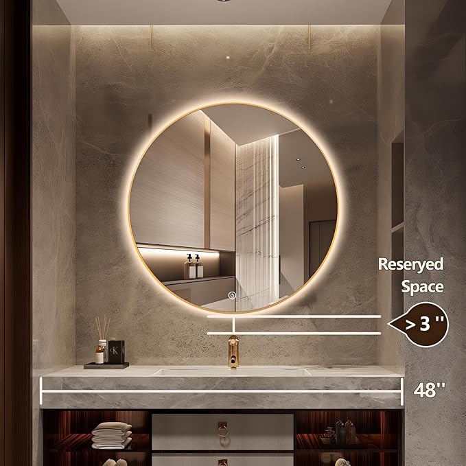 40" Round LED Bathroom Mirror, Wall Mounted Backlit Vanity With Lights, Fog Free Circle With Gold Frame, Smart Light Up 3-Color