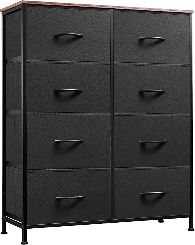 WLIVE Tall Fabric Dresser with 8 Drawers, Storage Tower with Fabric Bins, Double Dressers, Chest of Drawers for Closet, Bedroom, Living Room, Hallway, Dorm, Black and Rustic Brown