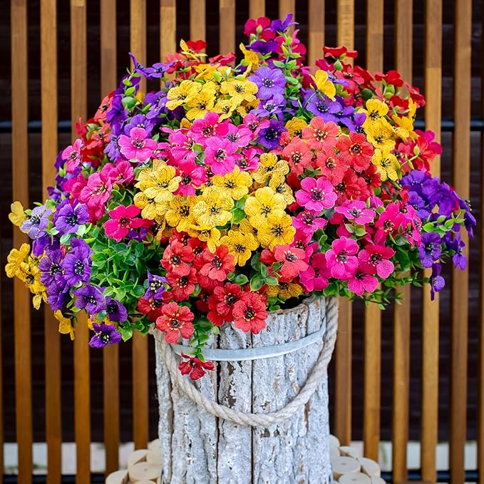 Artificial Flowers for Outdoors Fake Plants - 16 Bundles Faux Outside Greenery Boxwood UV Resistant Plastic Shrubs Decor (Mixed)