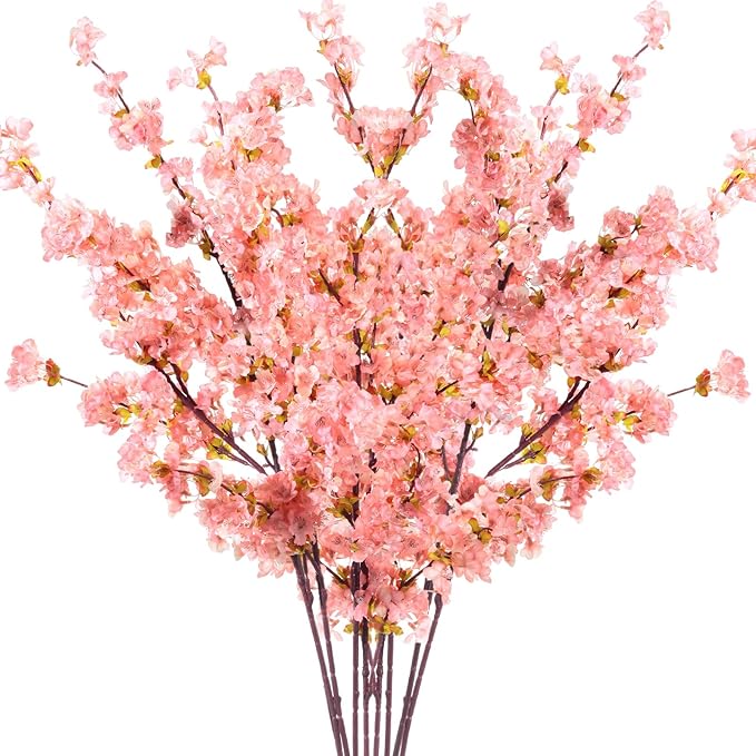 Giegxin Set of 8 Silk Cherry Blossom Branches Cherry Blossom Tree Stems Long Stem Artificial Flowers for Tall Vase Flowers for Home Wedding Vase Floral Arrangements, 39.37 Inch (Pink)