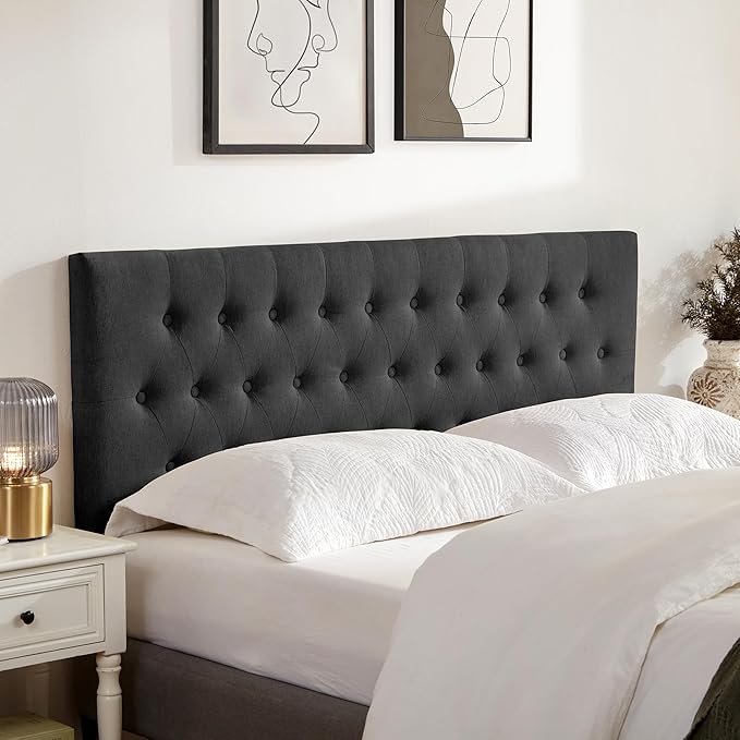 Tufted Upholstered Headboard Full Size, Solid Wood Head Board with Durable Metal Legs, Adjustable Height Full XL headboard from 37” to 51” Fabric Headboard in Modern Button Design, Black