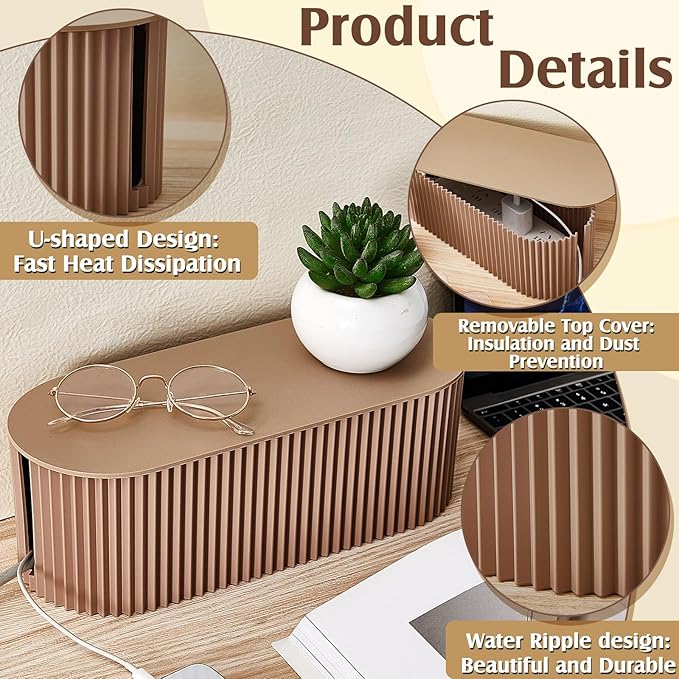 Marsui 2 Pcs Light Coffee Cable Management Organizer Box for Hiding Wires, Home Office Desk Floor Cord Organizer, 11.8 x 5.1 x 4.3 Inch Cord Strip Protect Holder Wire Storage