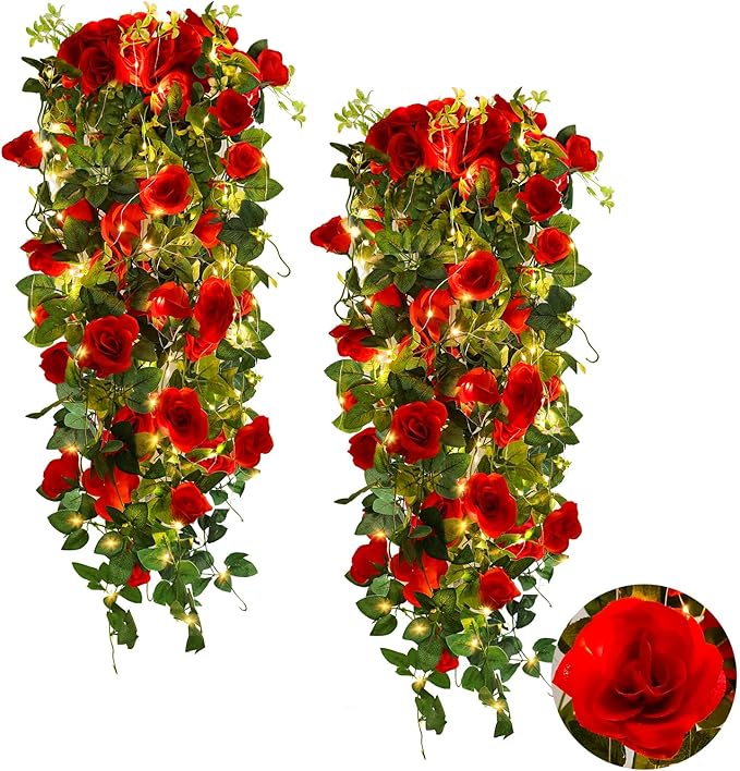 RECUTMS Hanging Flowers Artificial Hanging Rose Flower 2PCS 3.3Ft for Outdoors with 30 LED Fairy String Lights for Indoor Wall Wedding (Red)