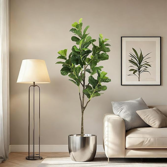 Faux Fiddle Leaf Fig Tree 6ft(74in) Artificial Floor Plant for Indoor Decor Realistic Potted Tree with Texture Silk Leaves and Natural Wood Trunk for Home Living Room,Office Perfect Housewarming Gift