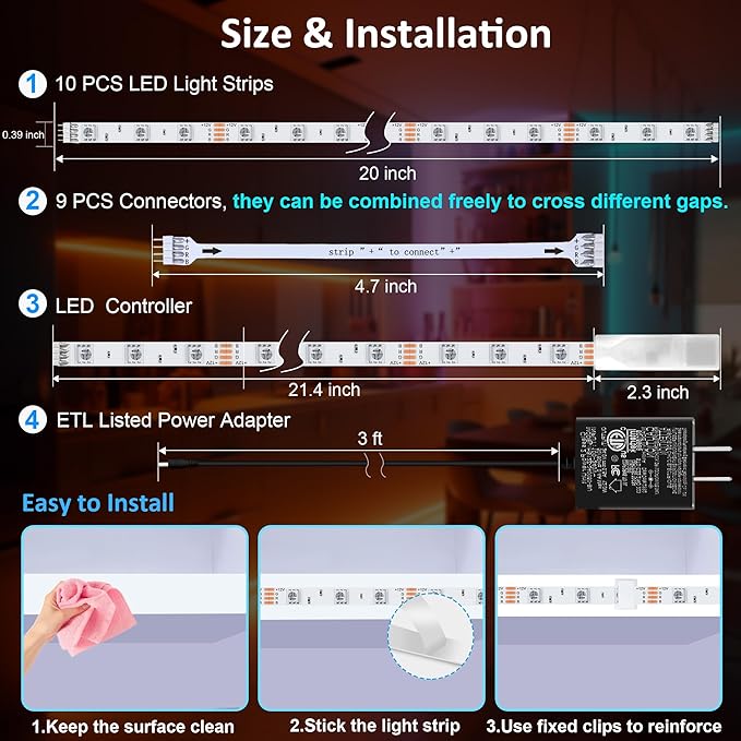 LAFULIT 10 PCS RGB Under Cabinet Lights Kit, App and Remote Control Led Strip Lights, Music Sync Color Changing Led Lights, Plug in Light for Cabinet, Counter, Shelf, Bookcase, 13ft