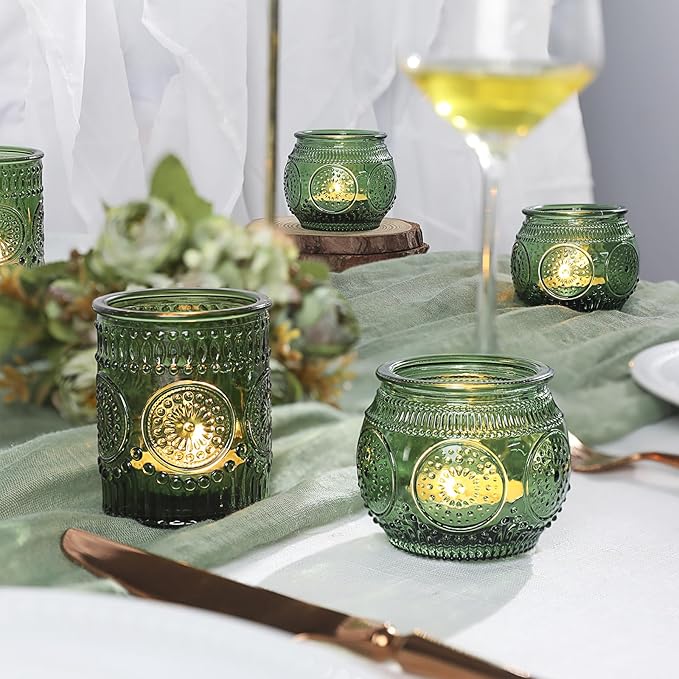 36 Pcs Green Glass Votive Candle Holders Bulk - Assorted Tea Light Holders for Christmas, Tea Party, Fall Wedding, Bridal Shower Table Centerpieces