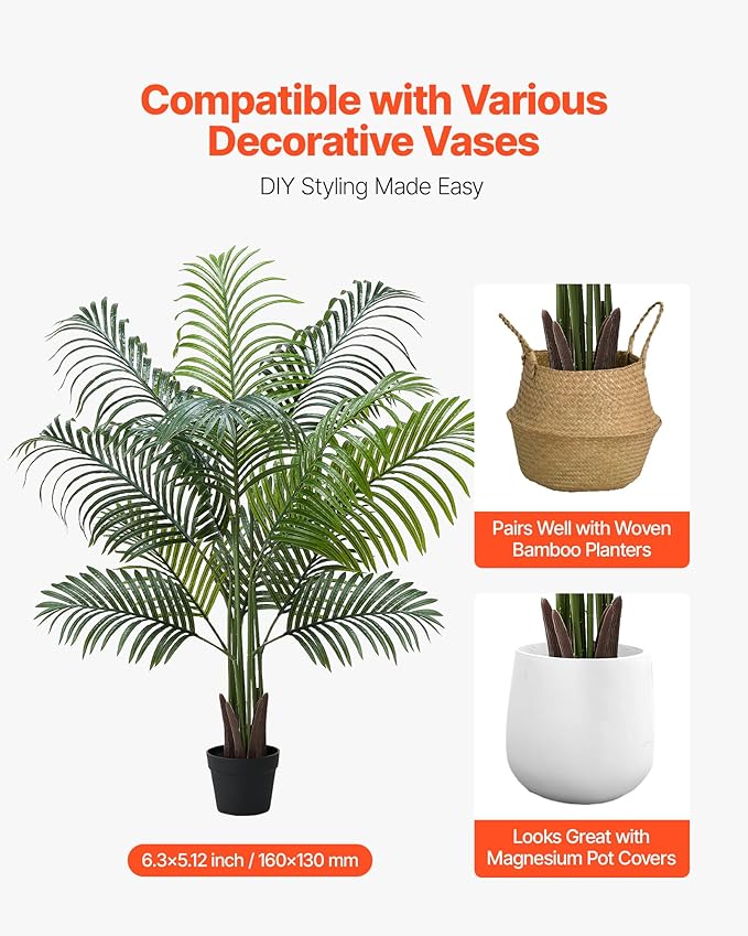VEVOR Artificial Areca Palm Tree 5 ft, Fake Palm Tropical Plants with White Tall Planter, Faux Floor Silk Plant in Pot, Large Trees for Home Office Living Room Decor House Warming, Indoor Outdoor
