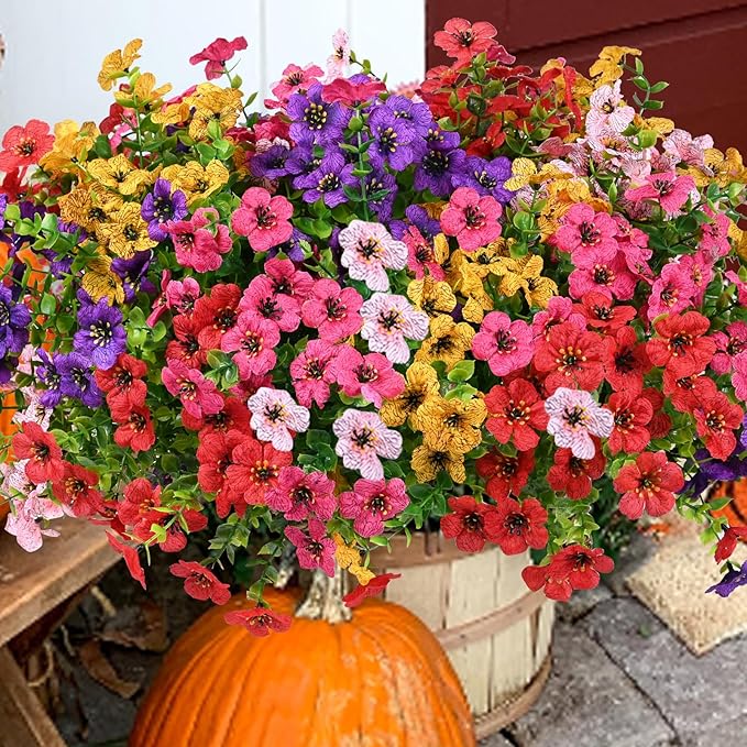 Artificial Flowers for Outdoor, UV Resistant Fake Silk Flowers, Realistic Faux Plants for Outside Indoor Porch Patio Window Box Planter Home Decor (20, Yellow Purple Rosy Pink Red)