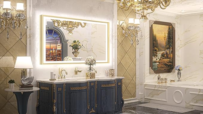 TETOTE 60x36 LED Bathroom Mirror with Lights Gold Frame Frontlit & Backlit Lighted Vanity Mirror Baroque Anti Fog Dimmable White/Warm/Natural,CRI90+,Waterproof,Wall Mounted(Horizontal/Vertical)