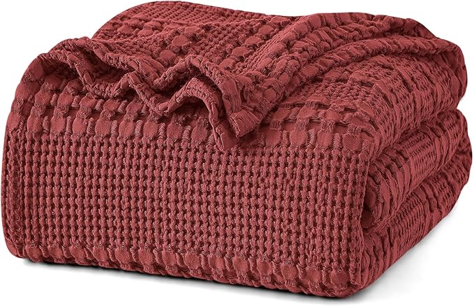 PHF 100% Cotton Waffle Weave Blanket King Size for Bed, Soft Lightweight & Breathable, All-Season Comfort, Luxury Aesthetic Woven Bedding for Home Decor, 108"x90", Wine Red