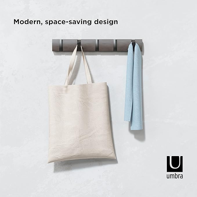 Umbra Flip Wall-Mounted Coat Rack with 5 Hooks – Modern, Space-Saving Storage for Hats, Jackets, Bags, Entryway, Mudroom, Closet, Bathroom, Bedroom – Grey/Pewter