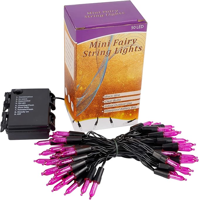 Blissun Halloween Lights - 50-Count Black Wire Battery Operated Mini String Light Set With 8 Modes, 16 ft Fairy Lights for Tree Garden Wreath Decorations (1 Pack, Purple)