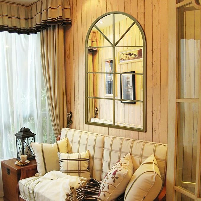 ironsmithn Large Arched Grid Mirror, Gold Windowpane Mirror, 43.3"x25.5" Window Finished Metal Mirrors for Decor Living Room Fireplace Entryway Bedroom Hallway