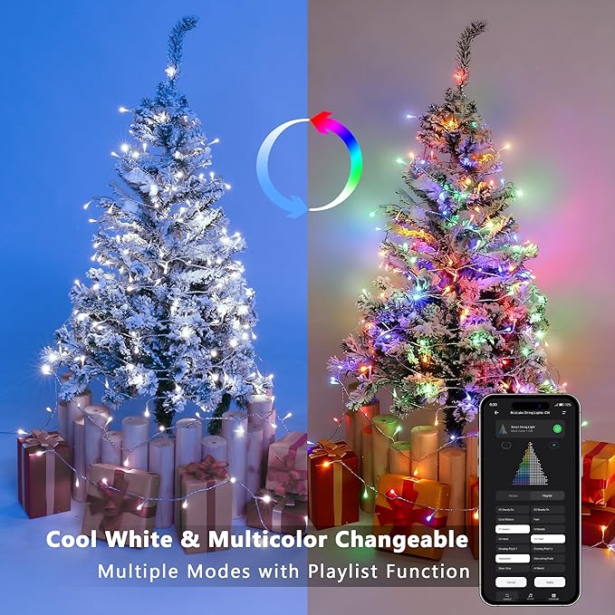 BrizLabs Smart Christmas String Lights,115FT 300 LED Color Changing Christmas Lights App & Voice Control, Cool White & Multicolor Mini Light String, Music Sync Xmas Tree Light for Indoor Outdoor Decor