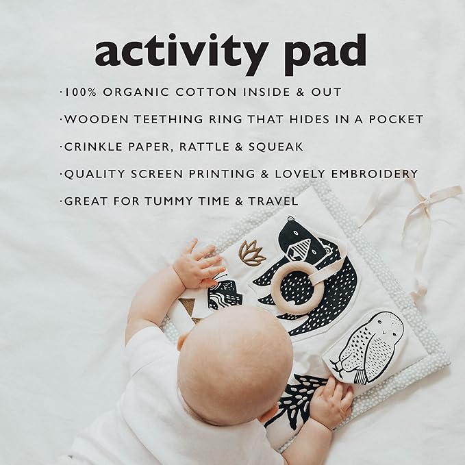 Wee Gallery Woodland Activity Pad Organic Baby Play Mat with Sensory Toys, High Contrast Newborn Essentials Soft Tummy Time Mat for Babies 0-12 Months, Visual and Motor Skill Development Toy