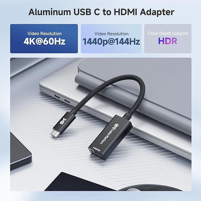 Cable Matters Aluminum USB C to HDMI Adapter, 4K@60Hz, 1440p@144Hz, HDR, 4K USB Type C to HDMI Adapter for iPhone 17/16, MacBook, Tablet, TV & Monitor