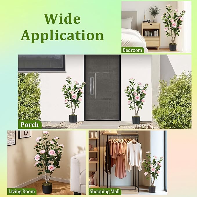 GOFLAME 3FT Artificial Camellia Tree, Faux Camellia Plant with Pink Flowers, Solid Wood Trunk, Realistic Moss, Greenery Potted Decoration Tree for Indoor Outdoor Home Porch Front Door