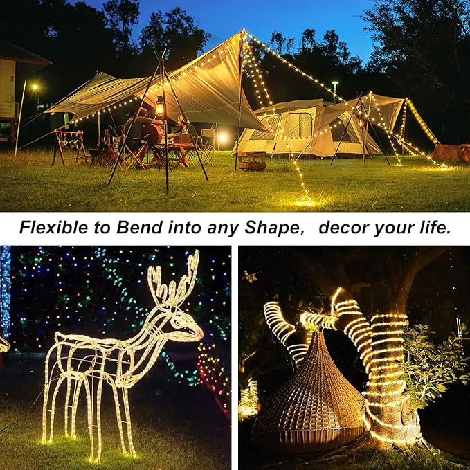 JMEXSUSS 100 LED Battery Operated Rope Lights Outdoor Waterproof, 33ft 8 Modes Battery Powered String Lights with Remote Outdoor for Trampoline Camping Tent Patio Garden Christmas Decor (Warm White)