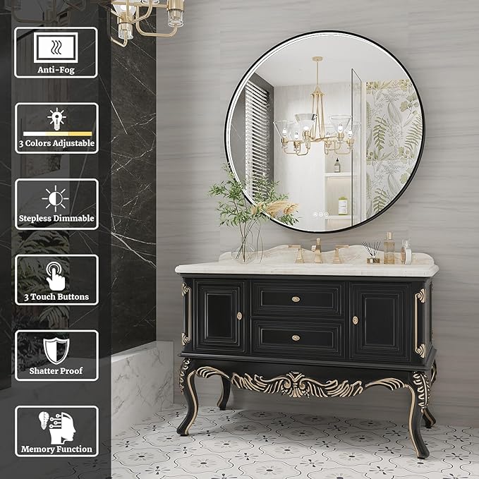 36 Inch Round LED Bathroom Mirror, Black Metal Framed Lighted Mirror for Bathroom, Wall Mouted LED Vanity Mirror with Lights, 3 Colors and Stepless Dimmable, Anti-Fog, Memory