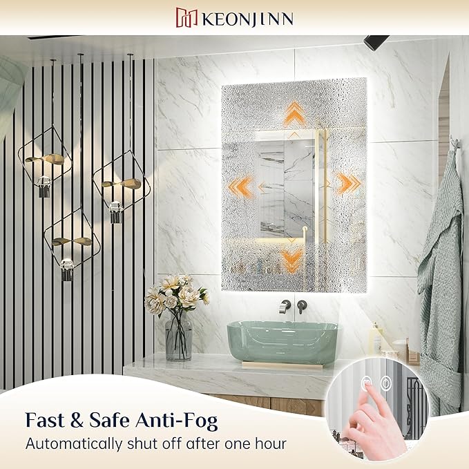 Keonjinn Bathroom Mirror with Lights 60 x 36 Inch, LED Mirror with Backlit, Anti Fog Lighted Mirror with Stepless Dimmable, UL Listed LED Driver, Waterproof, CRI90+, HD Tempered Glass