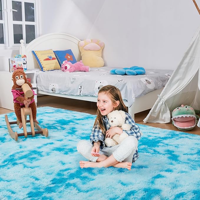 Ultra Soft Rug for Living Room, 6X9 Fluffy Shag Area Rug for Bedroom, Modern Shaggy Carpet Fuzzy Rug for Teens Dorm Nursery Home Decor Aesthetic, Upgrade Anti-Skid Durable, Tie-Dyed Blue