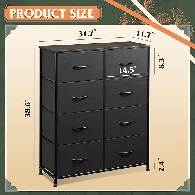WLIVE Fabric Dresser for Bedroom, Tall Dresser with 8 Drawers, Storage Tower with Fabric Bins, Double Dressers, Chest of Drawers for Closet, Living Room, Hallway, Charcoal Black