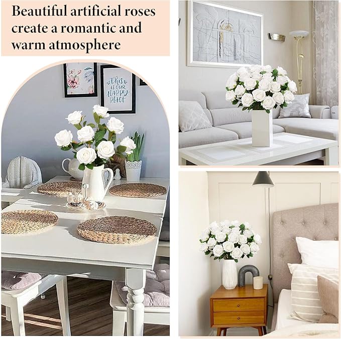 Ouddy Decor 50 Pcs Artificial White Roses Bulk Realistic Silk Roses with Long Stems Fake Roses Flowers for Wedding Bridal Bouquet DIY Table Centerpieces Arrangement Valentines Day Home Decor, White