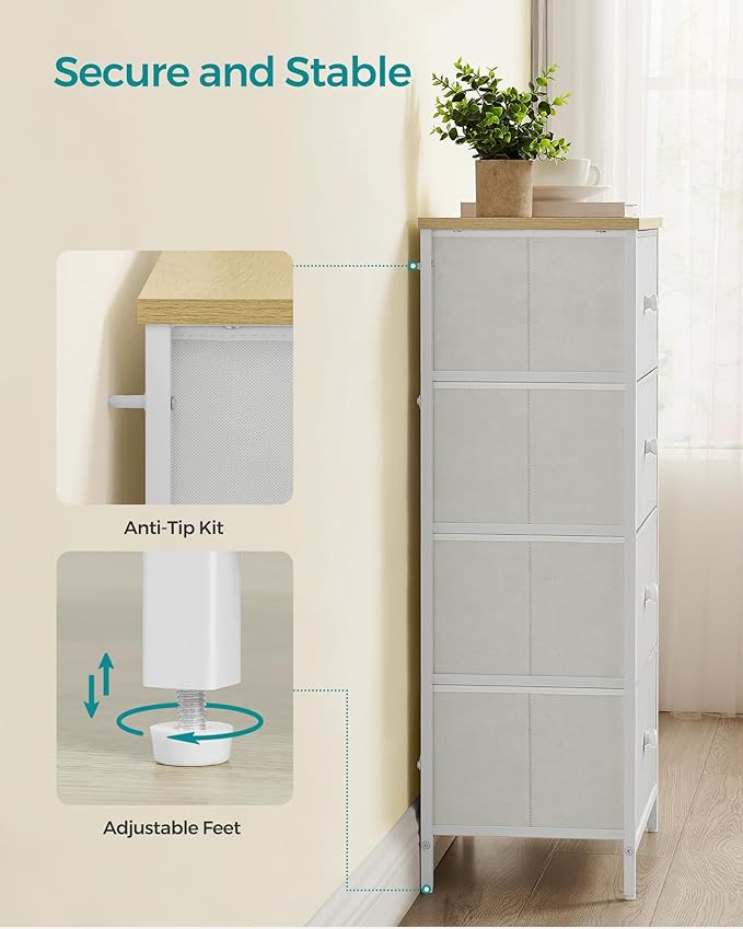 SONGMICS Dresser for Bedroom, Fabric Dresser with 4 Drawers, Metal Frame, Small Chest of Drawers, White and Oak ULTS314W57