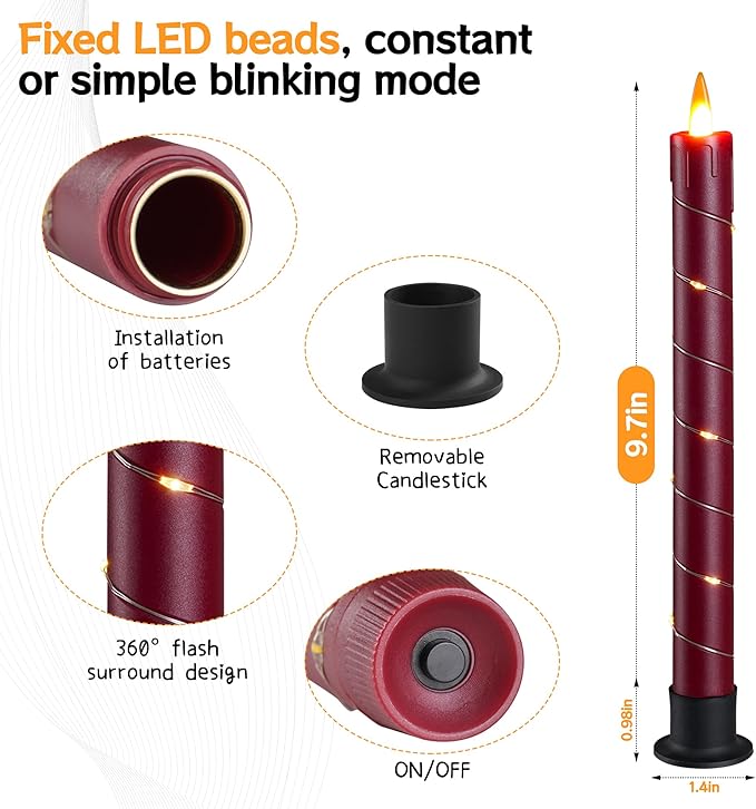 Da by 3 Pcs Flickering Flameless Battery Operated Taper Candle-Window Candles with Remote and Time-LED 3D Dynamic Flame-9.6 Inches for Wedding, Party,Home Decoration- Red