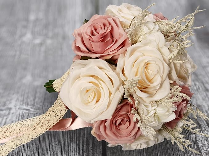 Wedding Bouquets for Bride, Champagne White & Pink Bridal Bridesmaid Wedding Flowers, Artificial Toss Rose for Civil Ceremony (Hollow Lace Ribbon Handle)