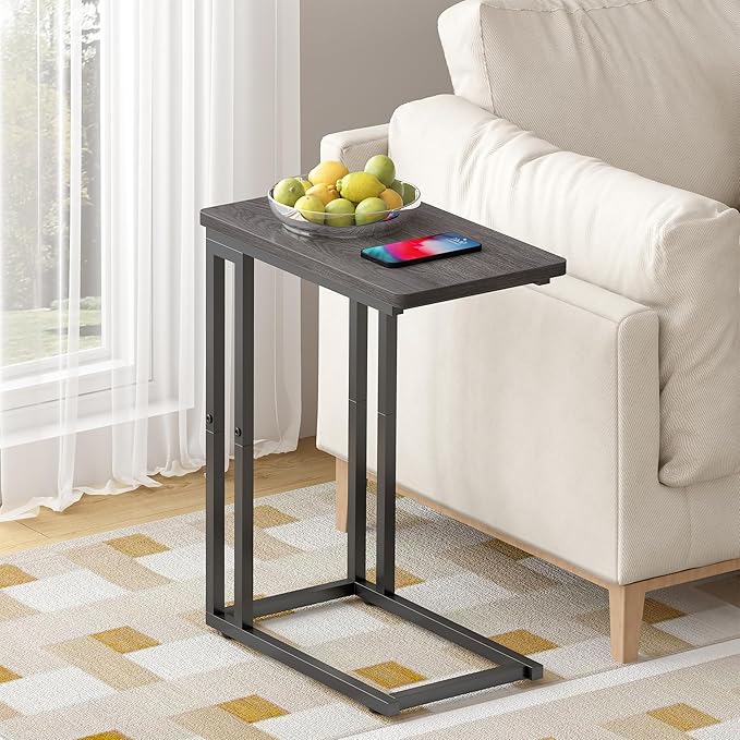 Yusong C Shaped End Table - Slide Under Sofa Couch Bed, Small Table for Small Spaces, Skinny Overbed, Coffee Drink Snack Table for Living Room, Grey Oak