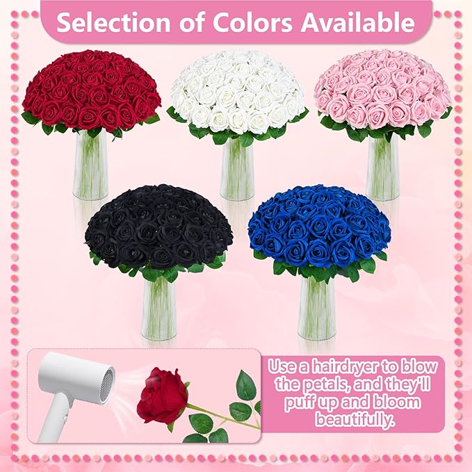 BLEUM CADE 100 Pcs Blue Roses Artificial Flowers, Real Touch Velvet Roses Fake Flowers Bulk, Artificial Roses Bouquet with Long Stems Bridal DIY Wedding Party Centerpiece Decorations