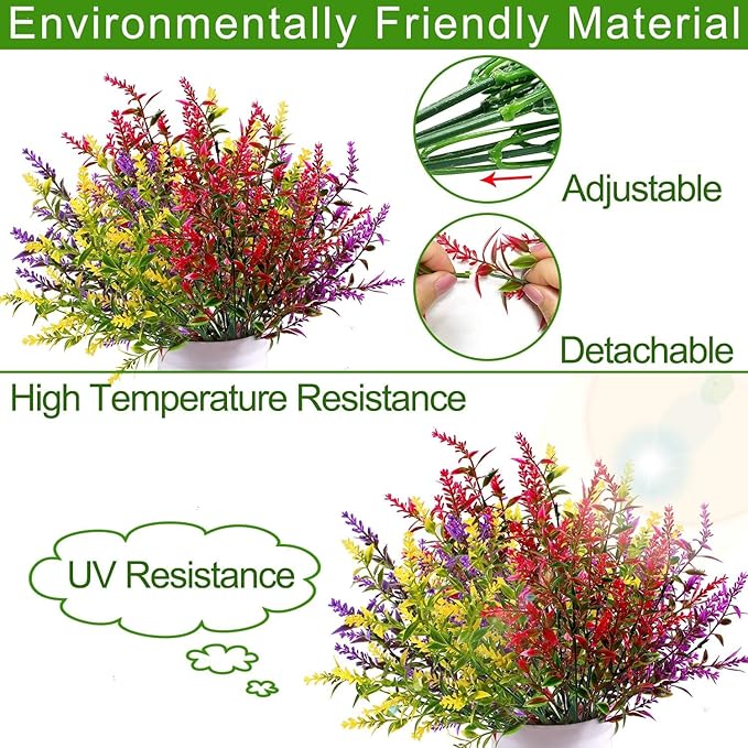 20 Bundles Artificial Lavender Flowers for Outdoors Summer Decor, UV Resistant Fake Flowers Plastic Faux Plants Wedding Kitchen Office Table Centerpieces Home Porch Yards Cemetery Decor(Mix Colors)