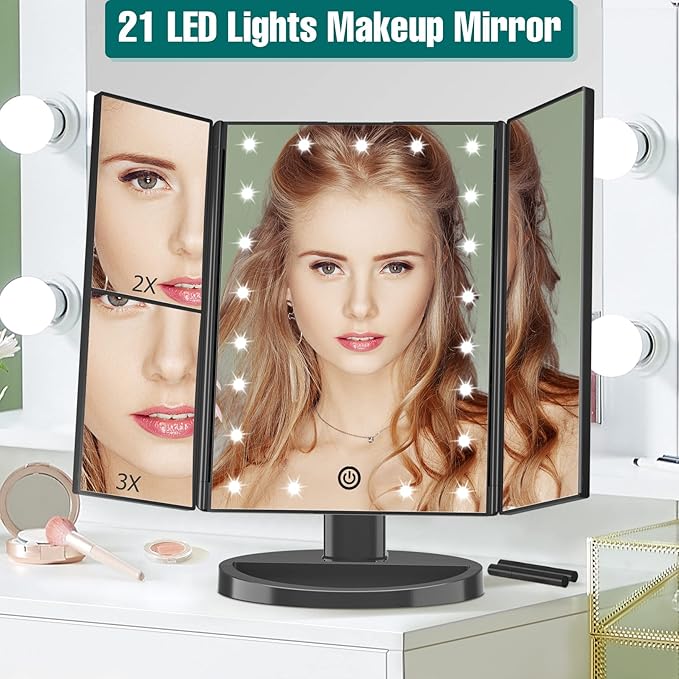 FASCINATE Lighted Makeup Mirror, 21 Bright LED Lights, 3x/2x/1x Magnifying Trifold LED Vanity Mirror, Touch Control Dimmable Brightness,180 ° Rotaion