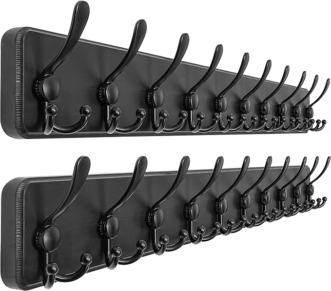 Dseap Coat Rack Wall - Heavy-Duty 38-1/4" Long, with Reinforced 10 Custom Tri-Hooks, Solid Wood Wall Hanger for Coats Hat Jackets - Rustic Farmhouse Entryway Storage, Black, Pack of 2