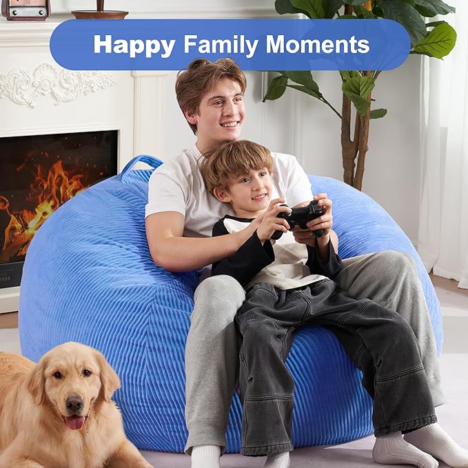 Homguava 3.5FT Bean Bag Chair: Teardrop Bean Bags with Memory Foam Filled, Compact Beanbag Chairs Soft Sofa with Corduroy Cover (Blue)