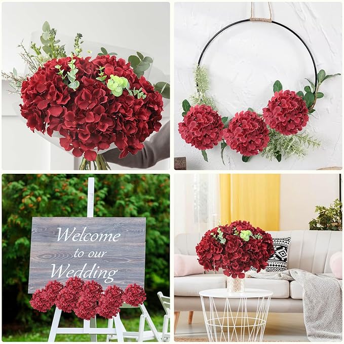 AVIVIHO Burgundy Artificial Flowers Fake Hydrangeas 10pcs Heads Full Faux Hydrangea Flowers Artificial Silk Flowers with Stems for Wedding Home Party Shop Baby Shower Decoration