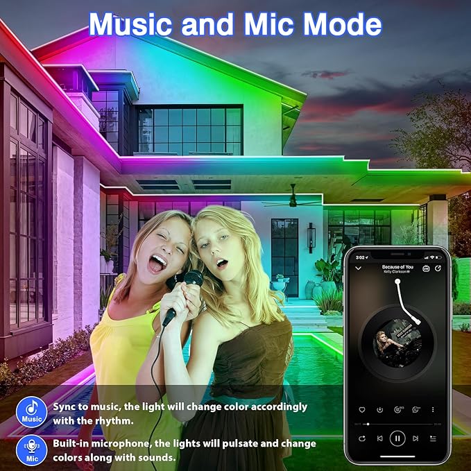 zoegi 200FT Outdoor LED Strip Lights Waterproof,Music Sync RGB IP68 Outside Led Light Strips Waterproof with App and Remote,Exterior Led Rope Lights for Deck,Balcony,Roof,Garden,Pool