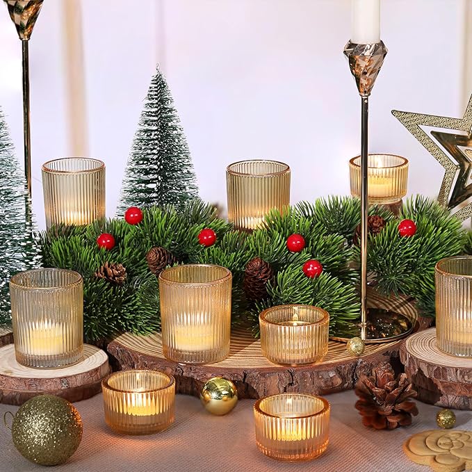 20pcs Ribbed Gold Votive Candle Holders, Assorted Tea Light Candle Holder Glass for Wedding Table Decor, Gold Candle Holders for Table Centerpieces, Diwali, Brithday, Party and Holiday Decor