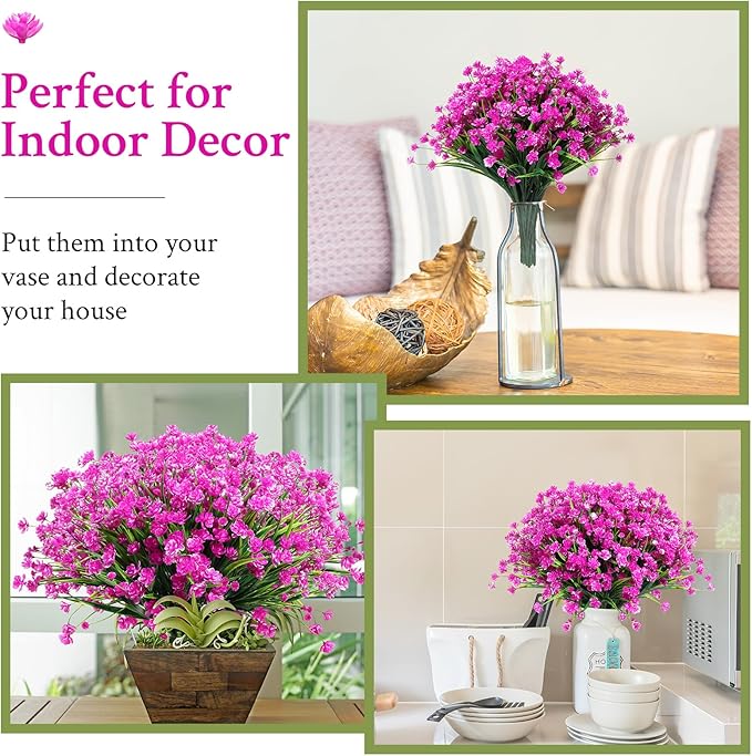 Hoteam 50 Bundles Outdoor Artificial Flowers Plants Uv Resistant Outside Faux Flowers Plastic Fake Plants Outdoor Summer Fall Four Seasons Decoration Shrubs Garden Porch Box, Purple Red
