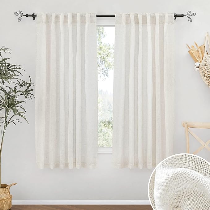 RYB HOME Semi Sheer Curtains 63 inch Length 2 Panels, Linen Textured Privacy Protect Window Drapes Soft Breathable Back Tab Window Curtains for Bedroom Living Room Decor, 52 W x 63 L, Linen