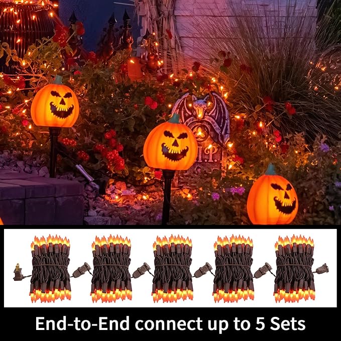 LAMPHOME Super-Bright Extendable Orange Halloween Decoration100 Lights 19.6ft UL Certified Mini Bulb String Lights Set for Outdoor Halloween Home Christmas Tree Garden Holiday Party Patio Decor