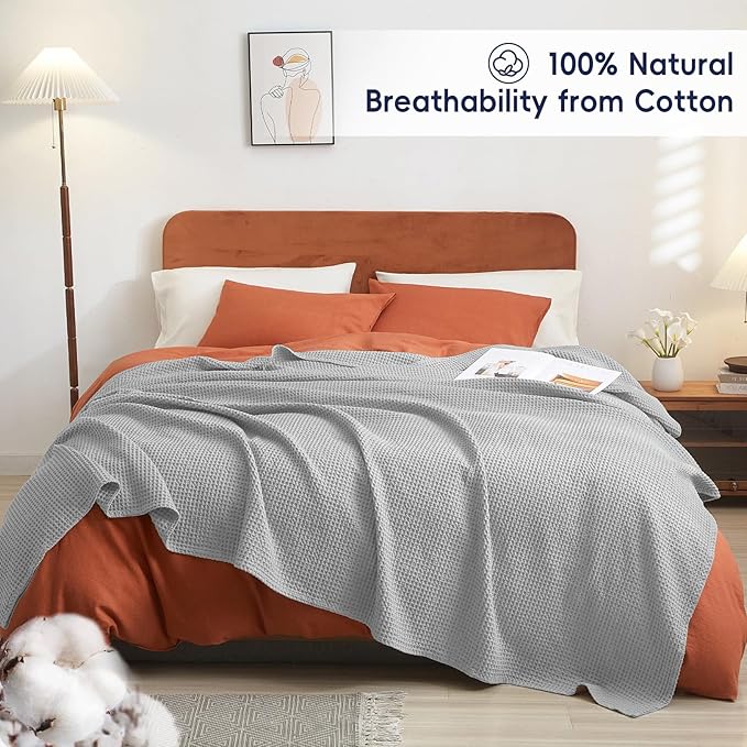 PHF 100% Cotton Waffle Weave Throw Blanket，Pre-Washed Snag Proof Lightweight Breathable Moisture-Wicking for Layering in Cold Weather for Couch Bed,Machine Washable,Home Decor Gift-Light Grey