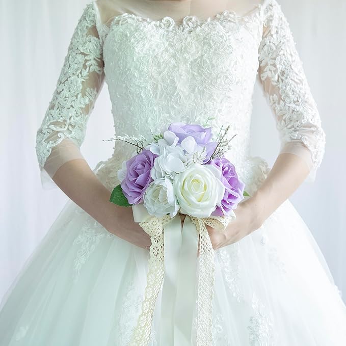 Wedding Bouquets for Bride Bridesmaid, Artificial Lilac Bride Flower Bouquet for Wedding Church Decoration Ceremony, Anniversary, etc, Roses Flowers