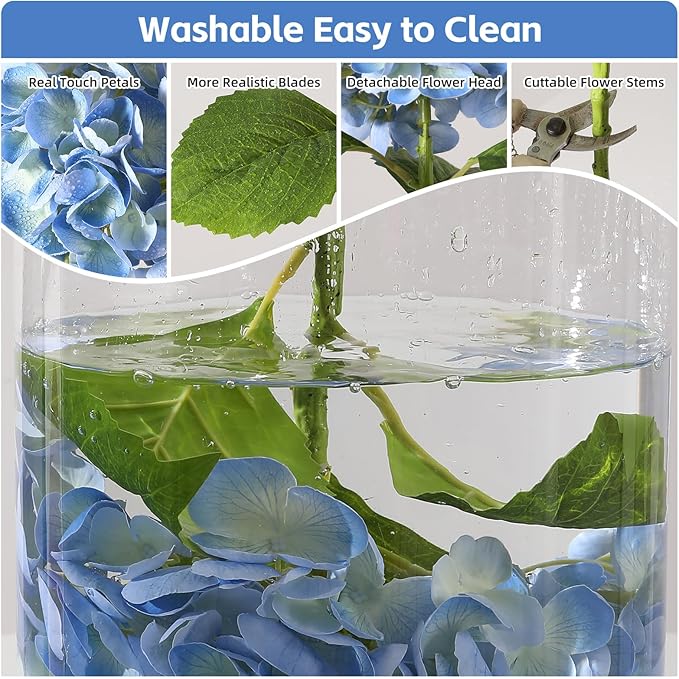 Nubry 22.44In Blue Hydrangea Artificial Flowers, 3Pcs Latex Faux Real Touch Large Hydrangea Flowers with Long Stems & Leaves for Home Office Decor Wedding Party Arrangements(Blue)